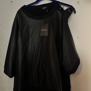 DKNY Black Faux Leather Blouse